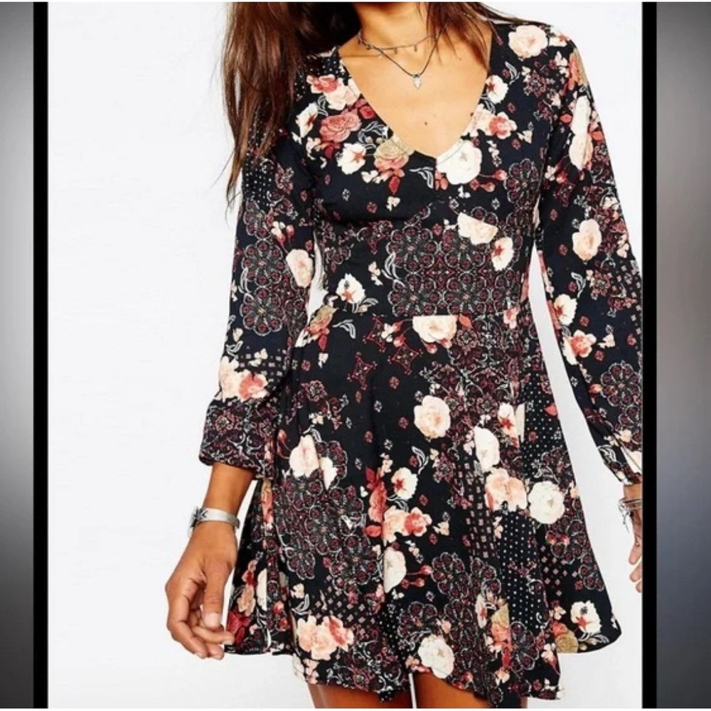 Abercrombie & Fitch Black Chiffon Floral Flare Skater Festival Mini Dress S $89